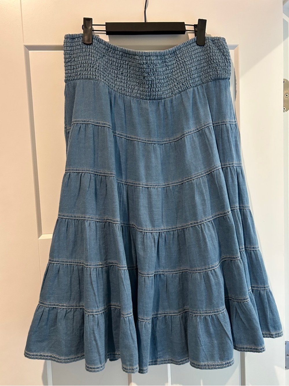 The Reese Smocked Denim Pull-On Midi Skirt